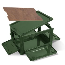Folding Storage Bin Camping Collapsible Organizer Box Stackable Grocery Container Shelf Baskets with Cutting Board Top Lid 4 Side Lockable Doors Wheel (Color: ArmyGreen)
