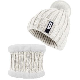 Winter Beanie Hat Scarf Set Women Warm Knitting Skull Cap Neck Warmer for Walking Running Hiking Camping Outdoors Gift (Color: Cream)